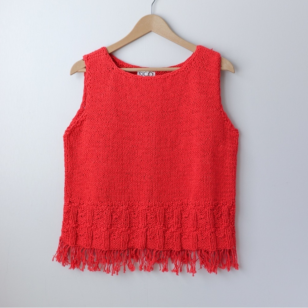 Vintage NWT Boho Fringe Hand Knit 100% Cotton Sleeveless Top M/L